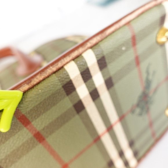 Vintage Burberry Bag Women Leather Large Plaid Dome Haymarket Check Brown Green - Picture 12 of 16